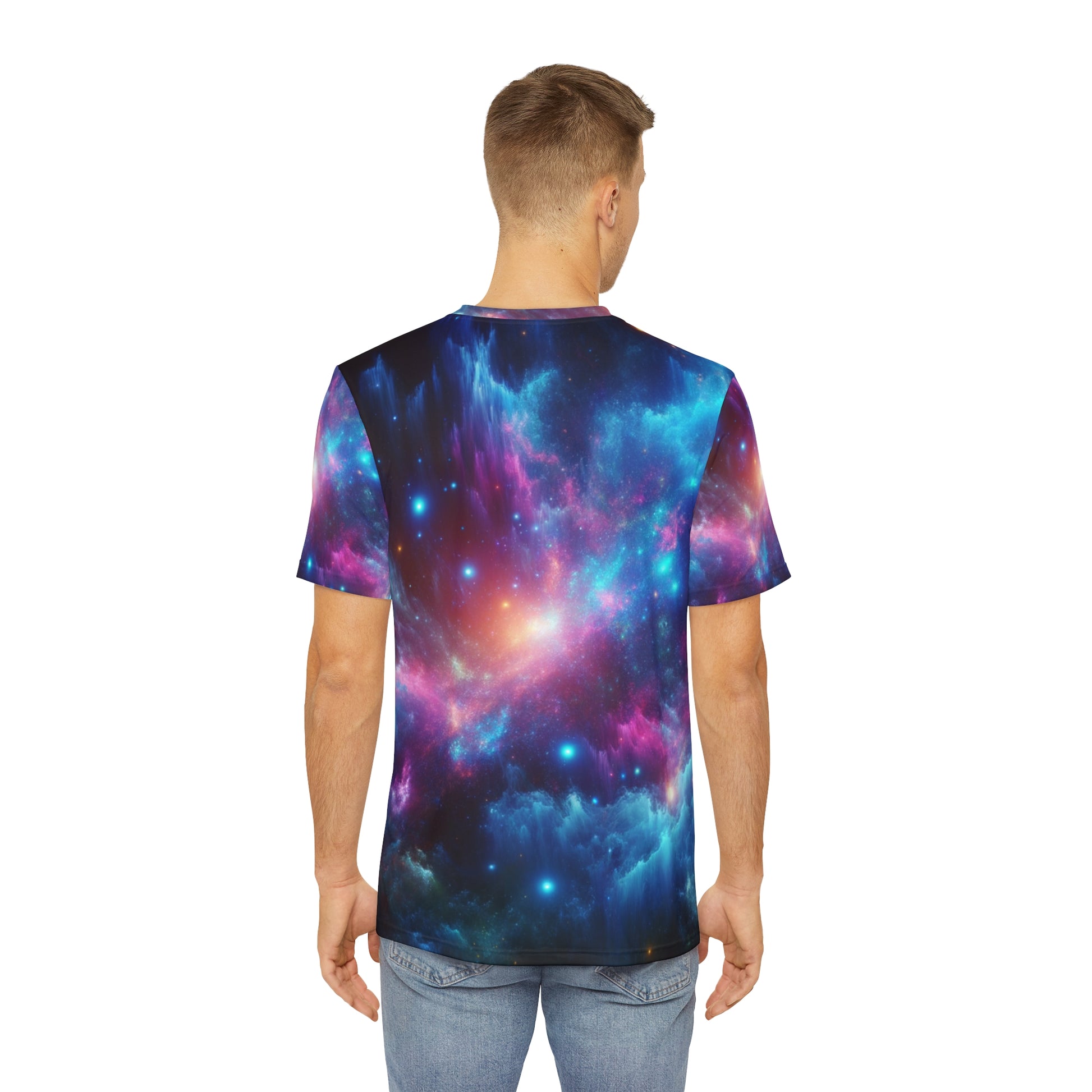 Back view of abstract neon cosmic tee for men with vibrant blue and purple galaxy design