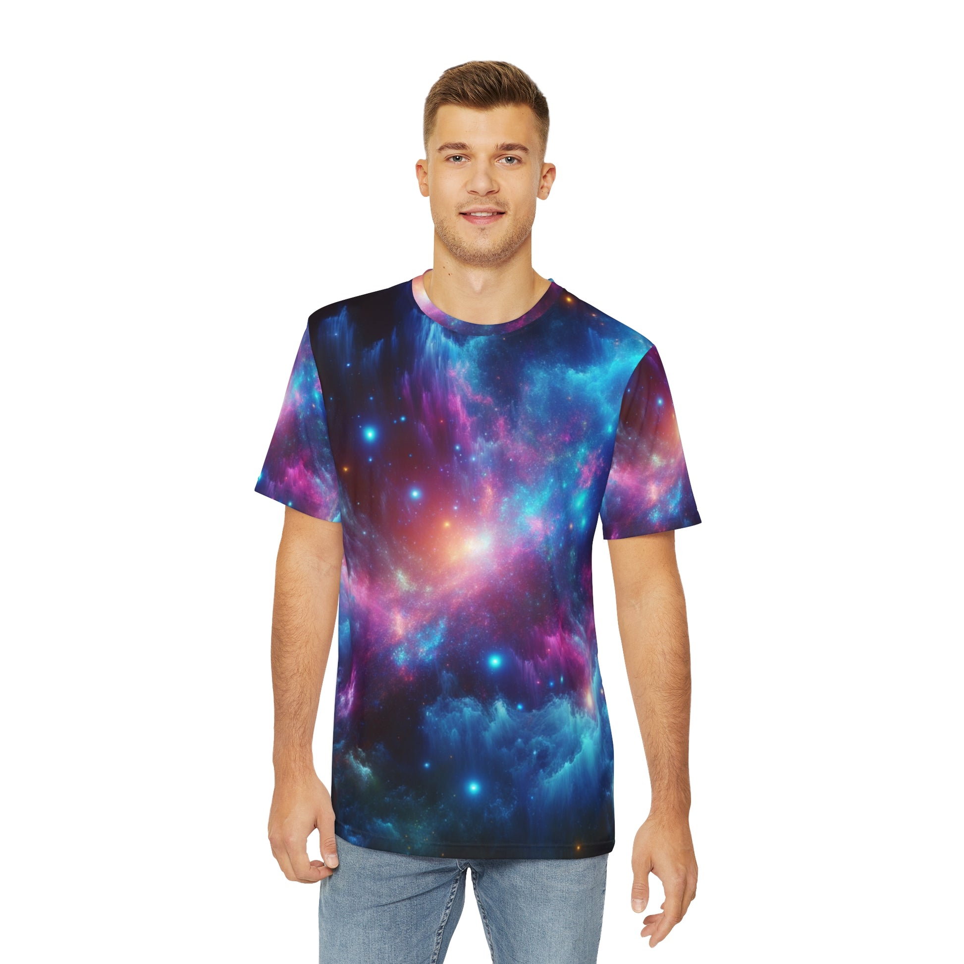 Abstract neon cosmic tee for men with vibrant galaxy print worn by male model