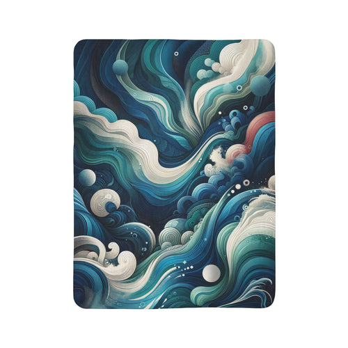 LuckeLadybug abstract sherpa blanket with swirling blue and teal wave patterns