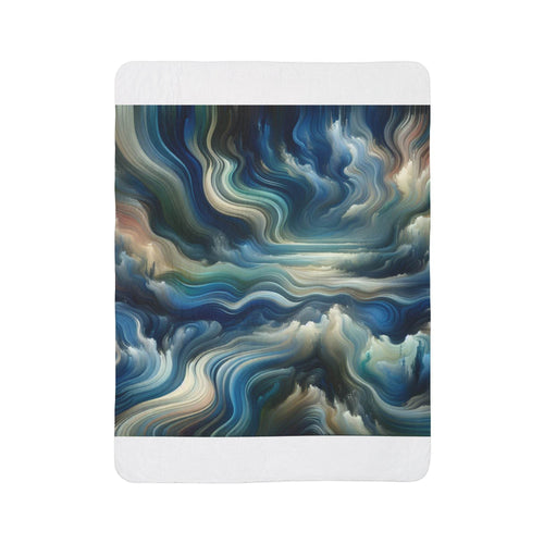 LuckeLadybug abstract sherpa blanket with swirling blue and gray wave patterns