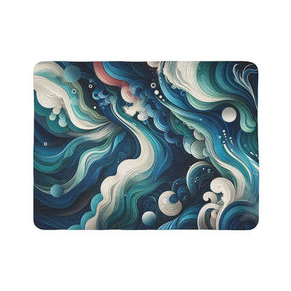 LuckeLadybug abstract sherpa blanket with swirling blue and teal wave patterns for cozy warmth