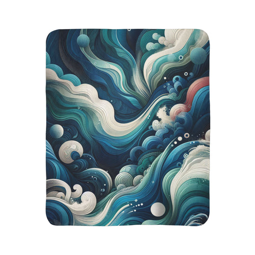 LuckeLadybug abstract sherpa blanket with swirling blue and white wave design for cozy warmth