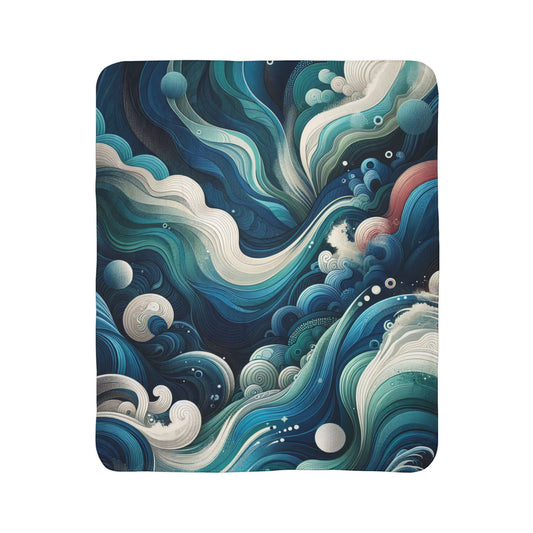 LuckeLadybug abstract sherpa blanket with swirling blue and white wave design for cozy warmth