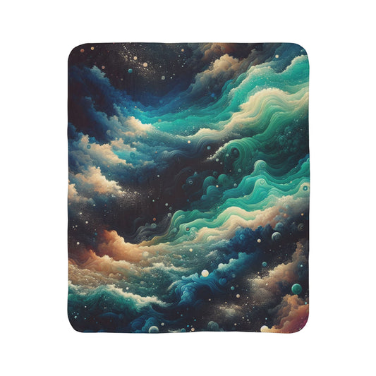 LuckeLadybug abstract sherpa blanket with swirling blue and green cosmic cloud design