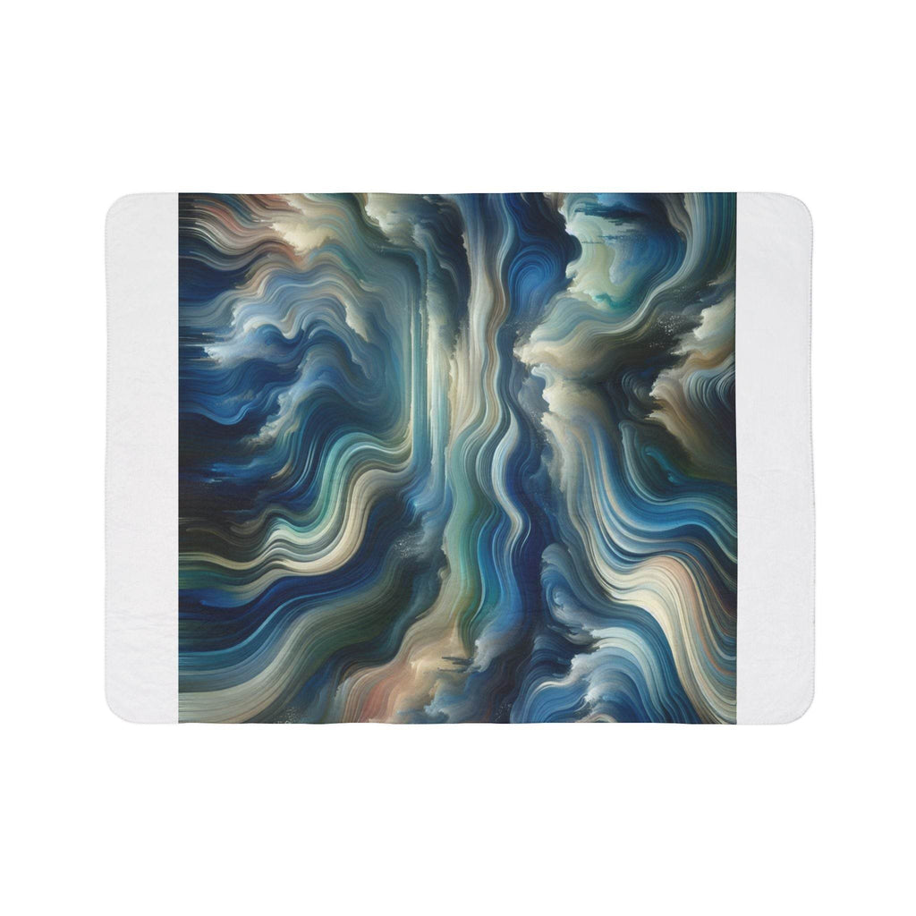 LuckeLadybug abstract sherpa blanket with swirling blue and beige wave patterns and soft white sherpa edges