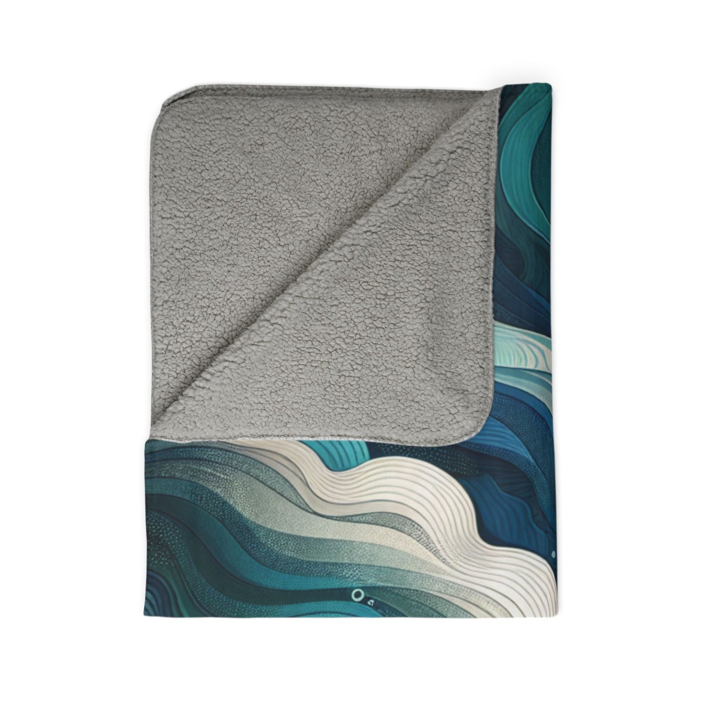 LuckeLadybug abstract sherpa blanket with gray sherpa lining and blue green wave pattern