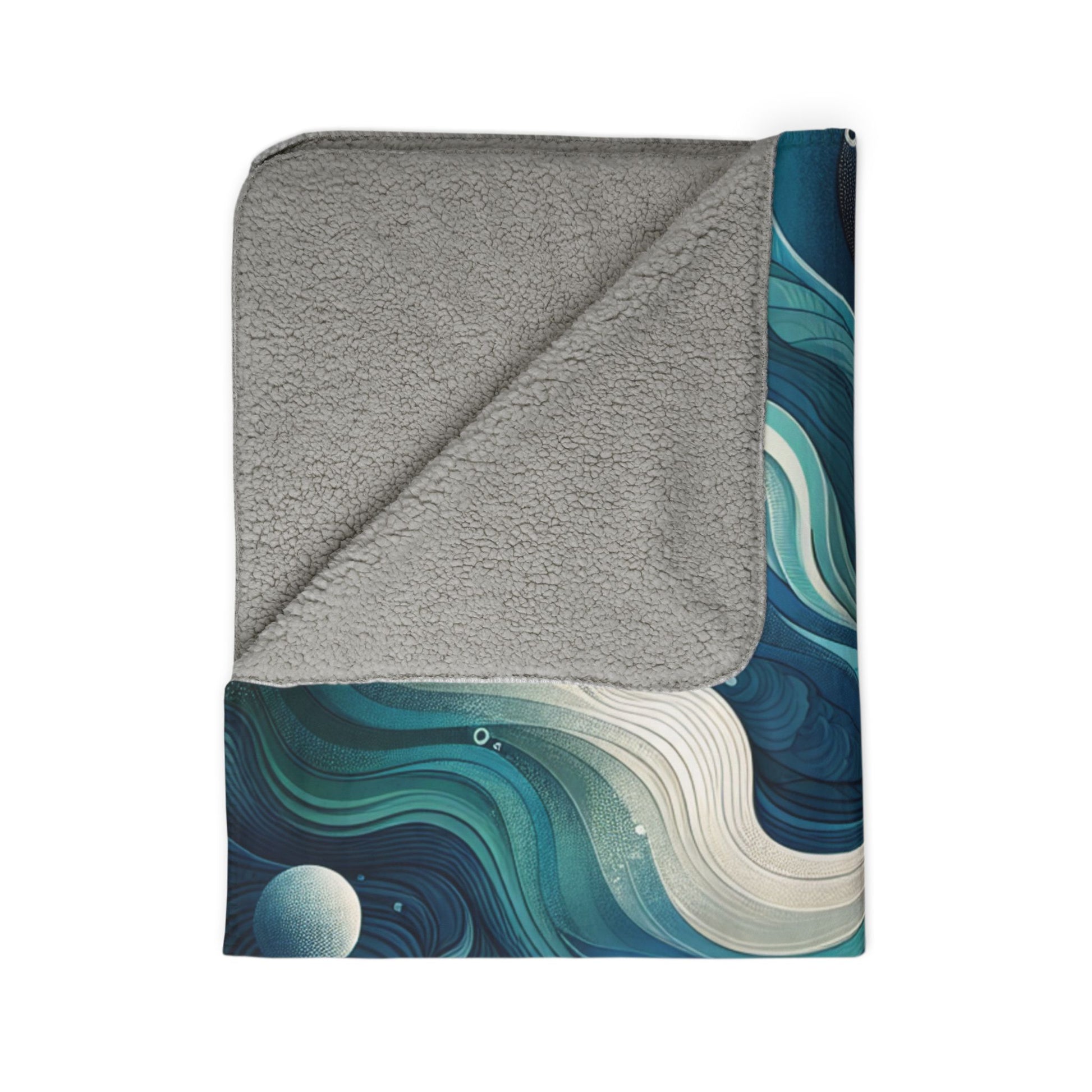 LuckeLadybug abstract sherpa blanket with blue white swirls and soft gray sherpa backing