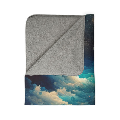 LuckeLadybug abstract sherpa blanket with blue and beige cloud design and soft gray sherpa lining
