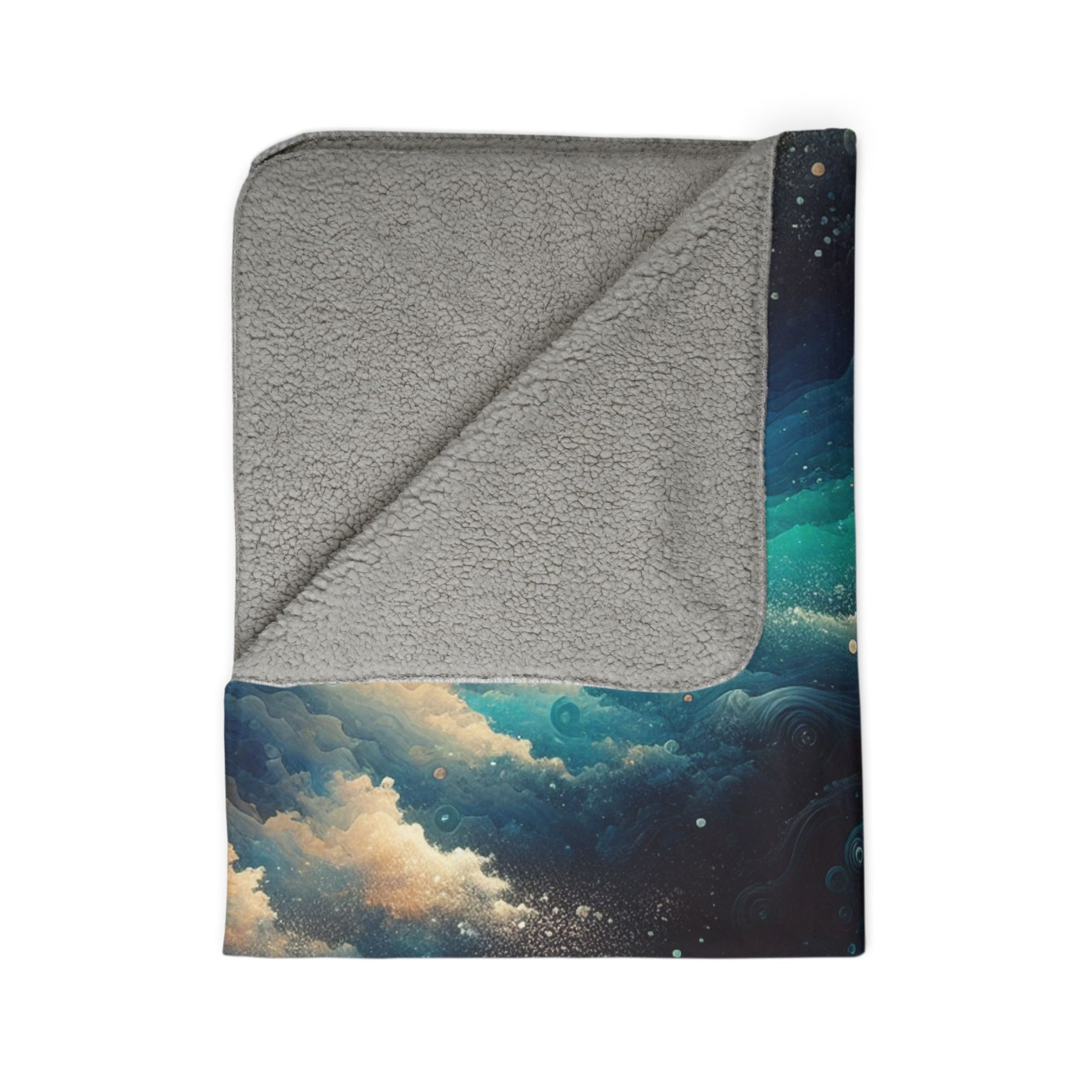 LuckeLadybug abstract sherpa blanket with a gray sherpa lining and a blue celestial cloud design