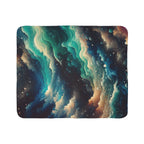 LuckeLadybug abstract sherpa blanket with swirling blue green and beige cosmic patterns