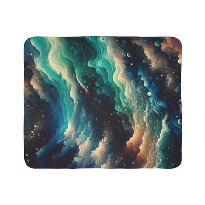 LuckeLadybug abstract sherpa blanket with swirling blue green and beige cosmic patterns