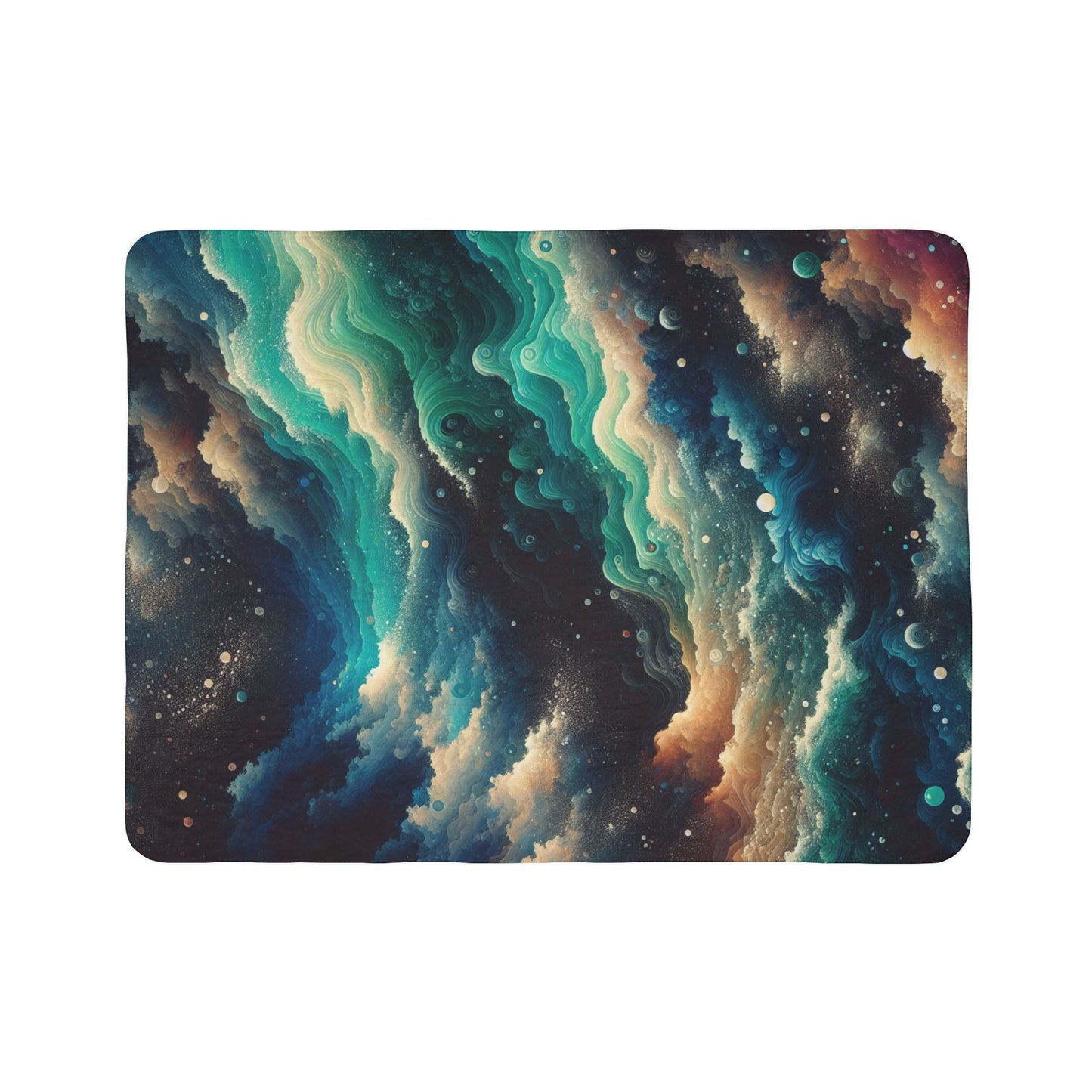 LuckeLadybug abstract sherpa blanket with swirling blue green and beige cosmic design