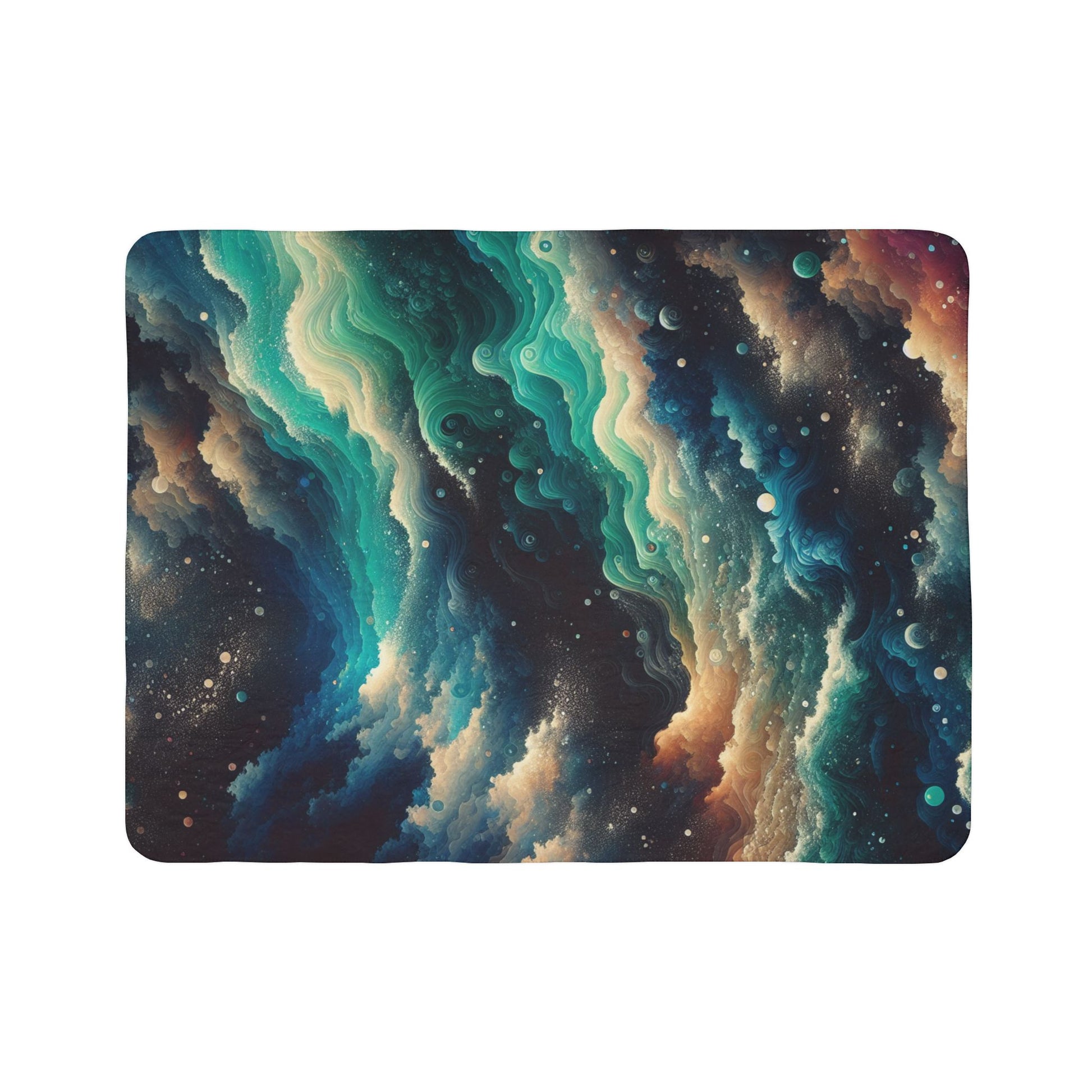 LuckeLadybug abstract sherpa blanket with swirling blue green and beige cosmic design