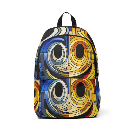 LuckeLadybug abstract smiley face backpack with colorful geometric design and bold patterns
