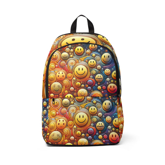 LuckeLadybug abstract smiley face backpack with colorful vibrant smiley face pattern and black handle