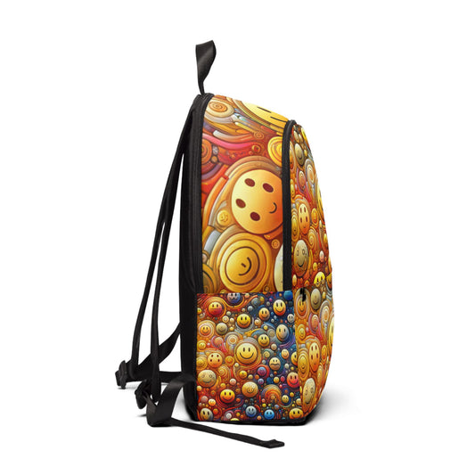 LuckeLadybug abstract smiley face backpack with colorful and vibrant smiley face pattern and black straps