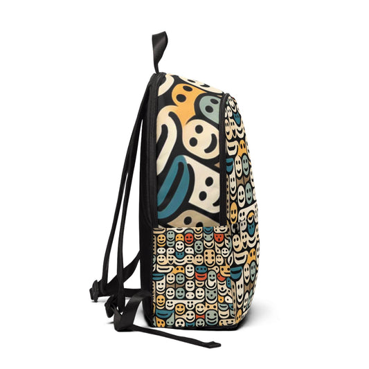 Printify abstract smiley face backpack with colorful smiley pattern and black straps side view
