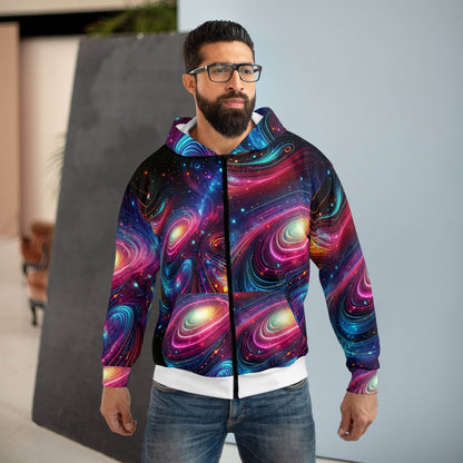 LuckeLadybug abstract space hoodie for men with vibrant galaxy and swirling stars design zip hoodie