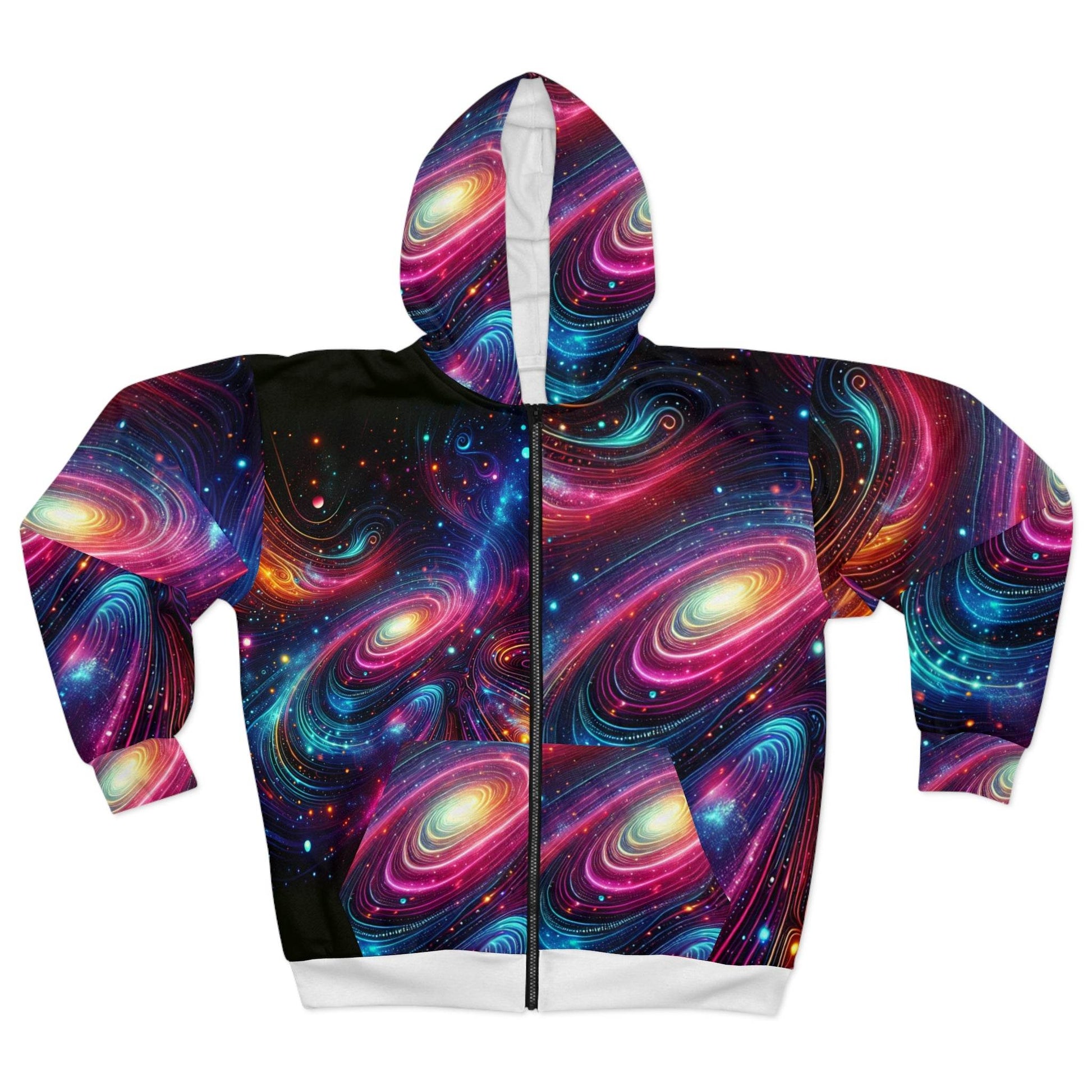 LuckeLadybug abstract space hoodie for men with vibrant galaxy and swirling colorful nebula zip-up design