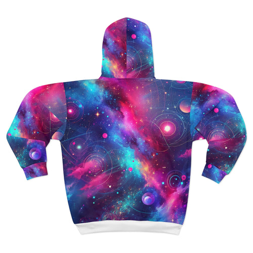 LuckeLadybug abstract space print hoodie with vibrant galaxy and planet designs on zip hoodie back