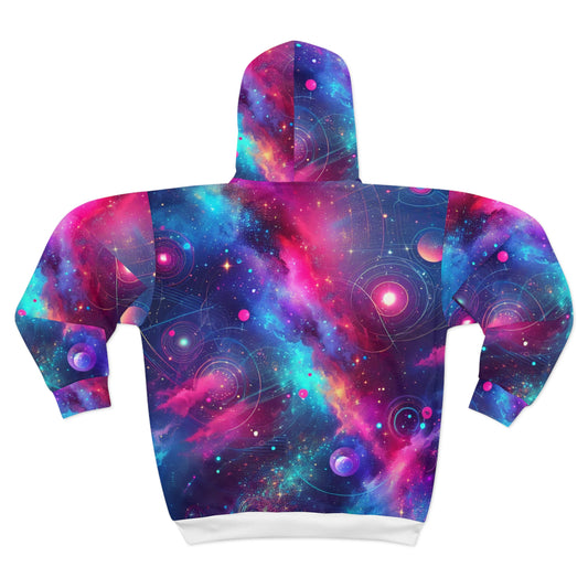 LuckeLadybug abstract space print hoodie with vibrant galaxy and planet designs on zip hoodie back