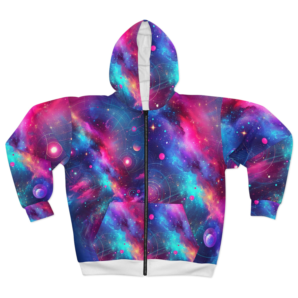 LuckeLadybug abstract space print hoodie zip-up with colorful galaxy and star patterns