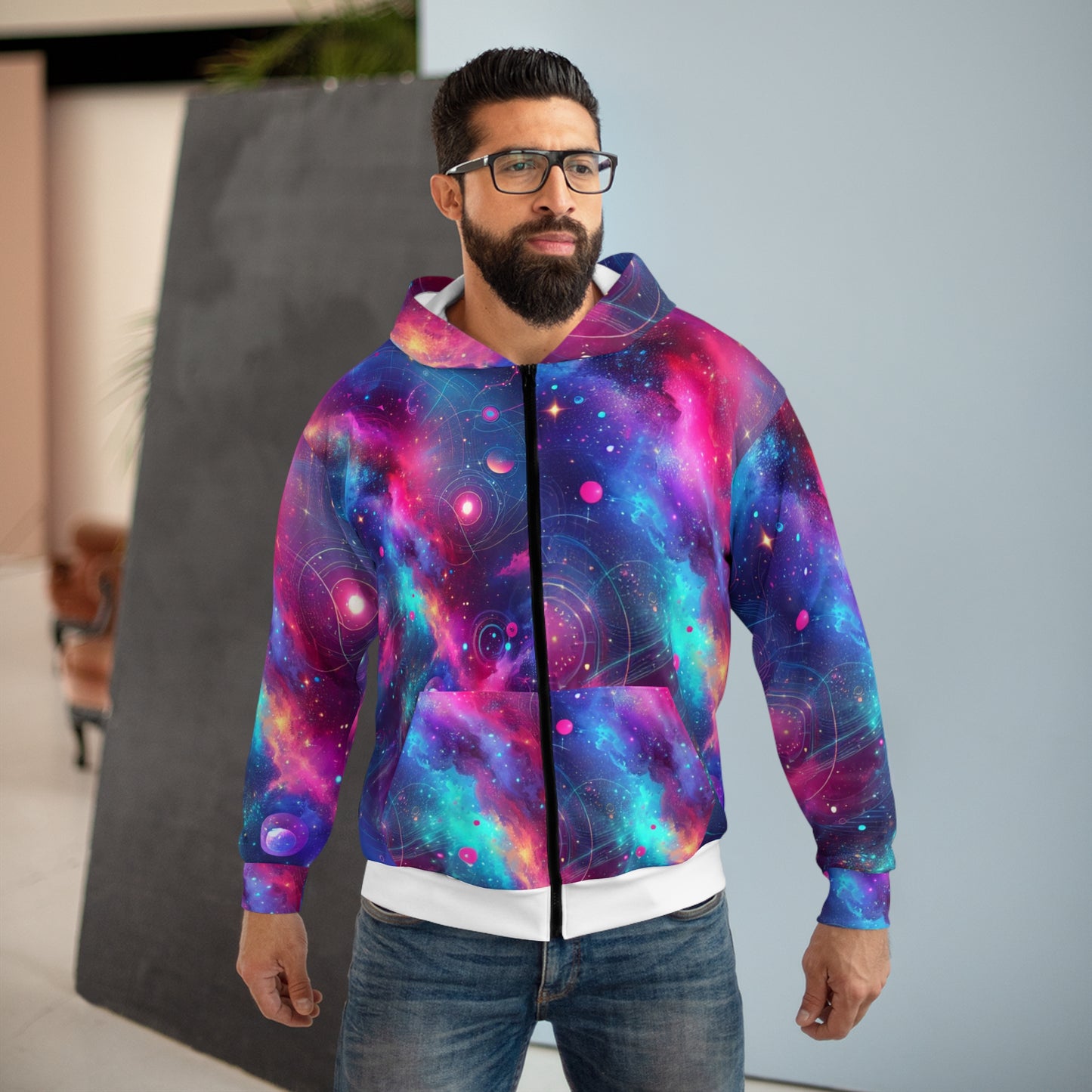 LuckeLadybug abstract space print hoodie with vibrant galaxy design and full zipper front