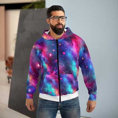 LuckeLadybug abstract space print hoodie with vibrant galaxy design and full zipper front