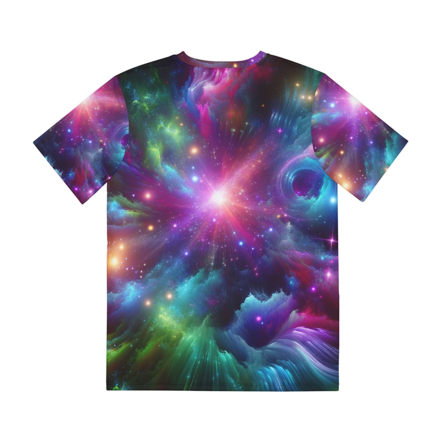 LuckeLadybug abstract space print shirt for men featuring vibrant galaxy colors and cosmic design