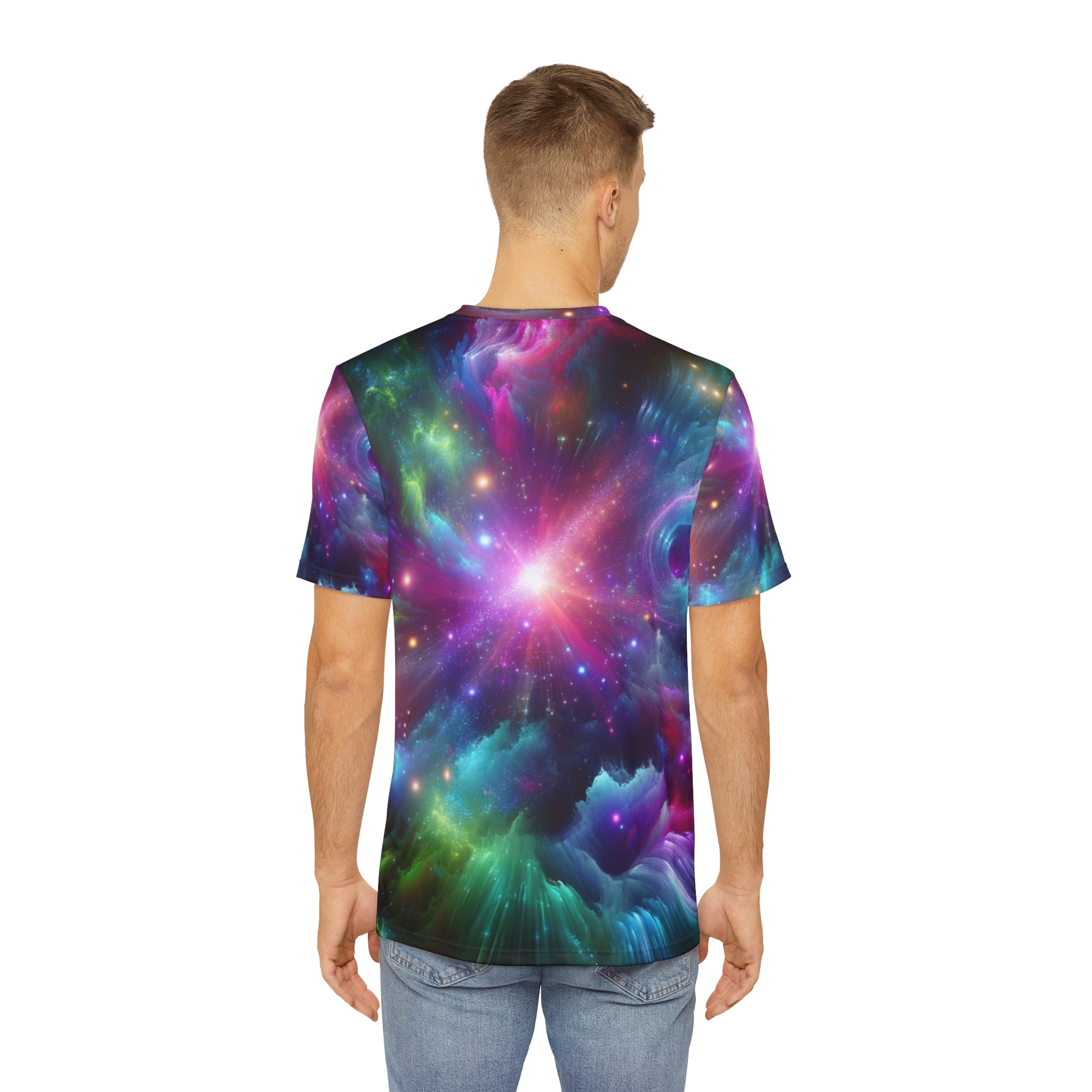 Back view of a man wearing LuckeLadybug abstract space print shirt for men with vibrant galaxy design
