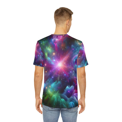 Back view of a man wearing LuckeLadybug abstract space print shirt for men with vibrant galaxy design