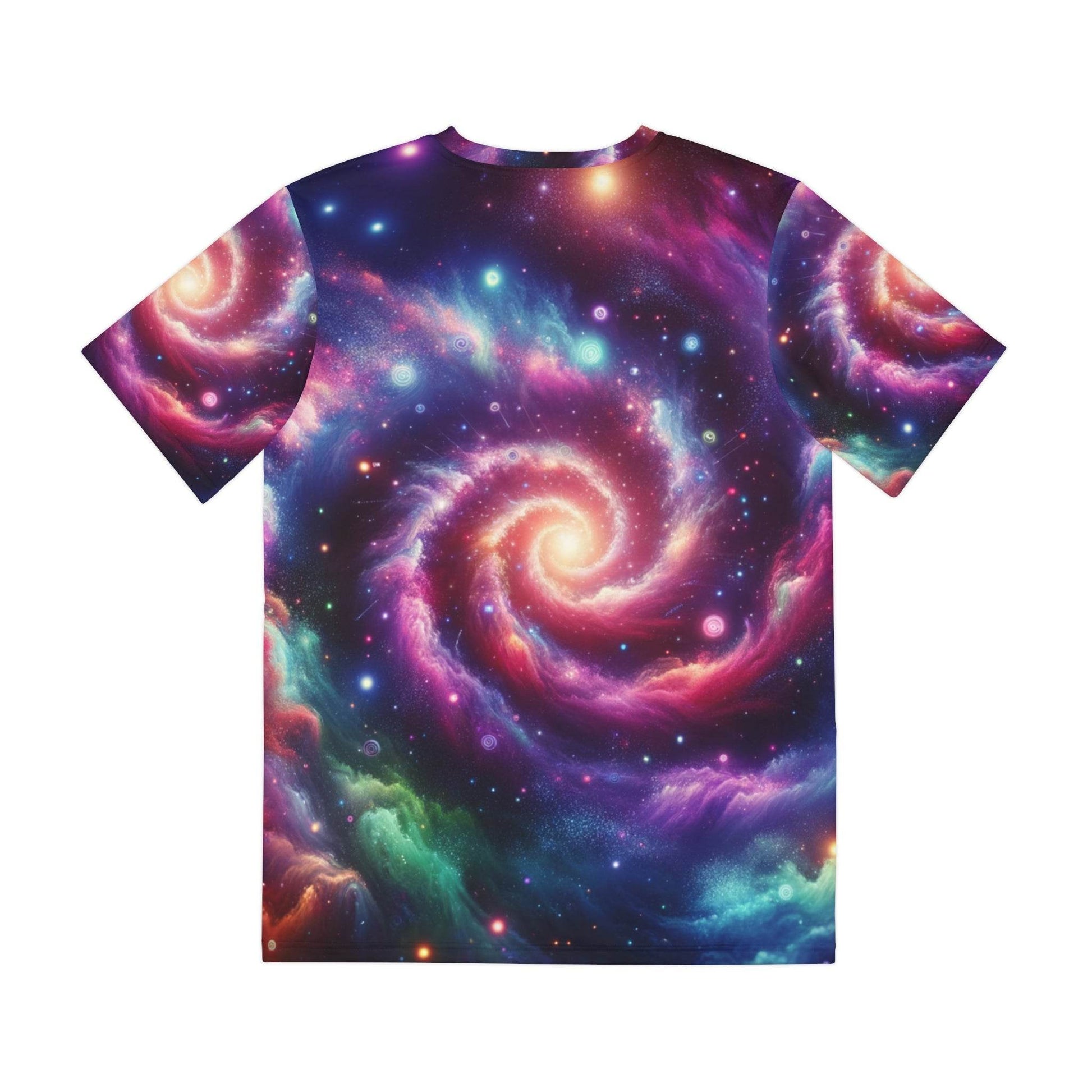 LuckeLadybug abstract space print shirt for men featuring a colorful galaxy and swirling nebula design