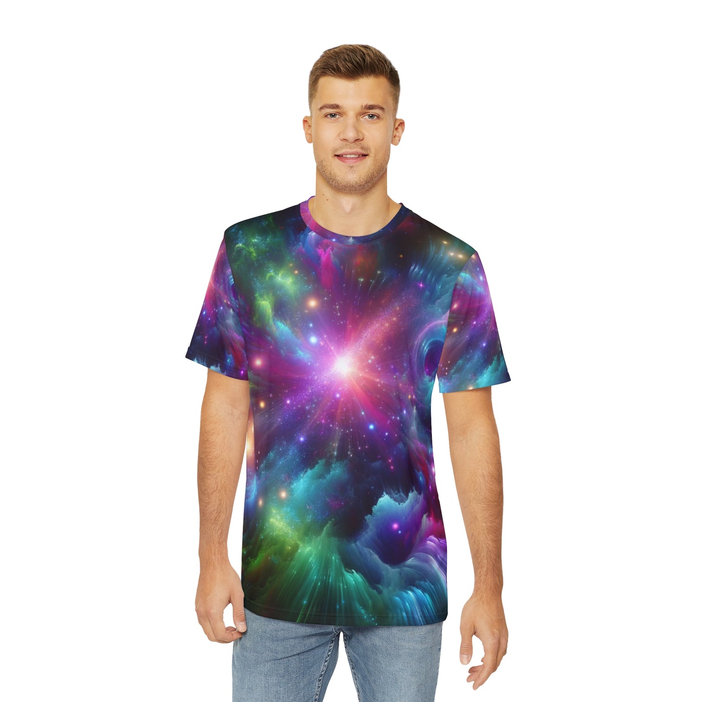 LuckeLadybug abstract space print shirt for men featuring vibrant galaxy colors on a short sleeve t-shirt