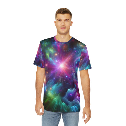 LuckeLadybug abstract space print shirt for men featuring vibrant galaxy colors on a short sleeve t-shirt