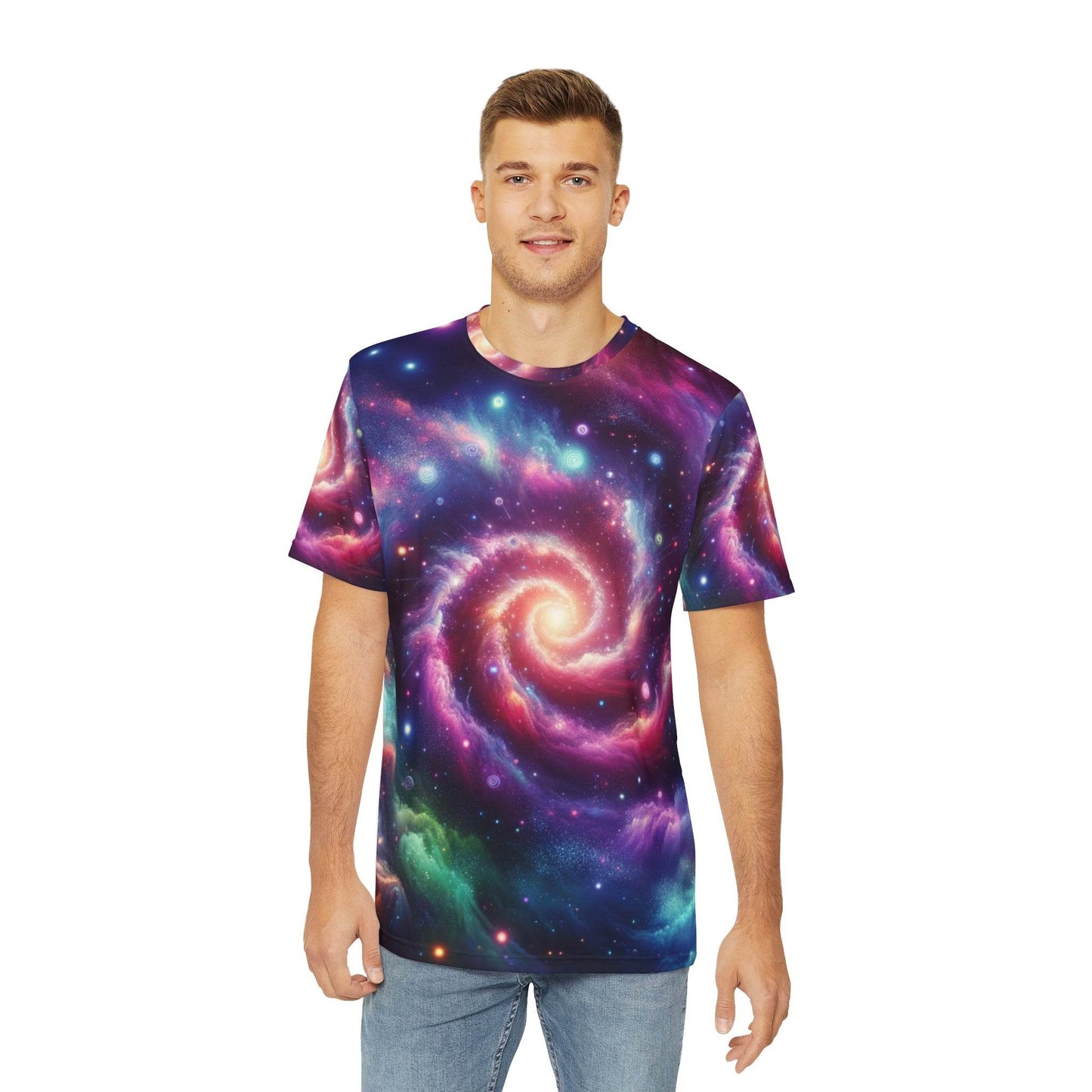 LuckeLadybug abstract space print shirt for men with colorful galaxy swirl design