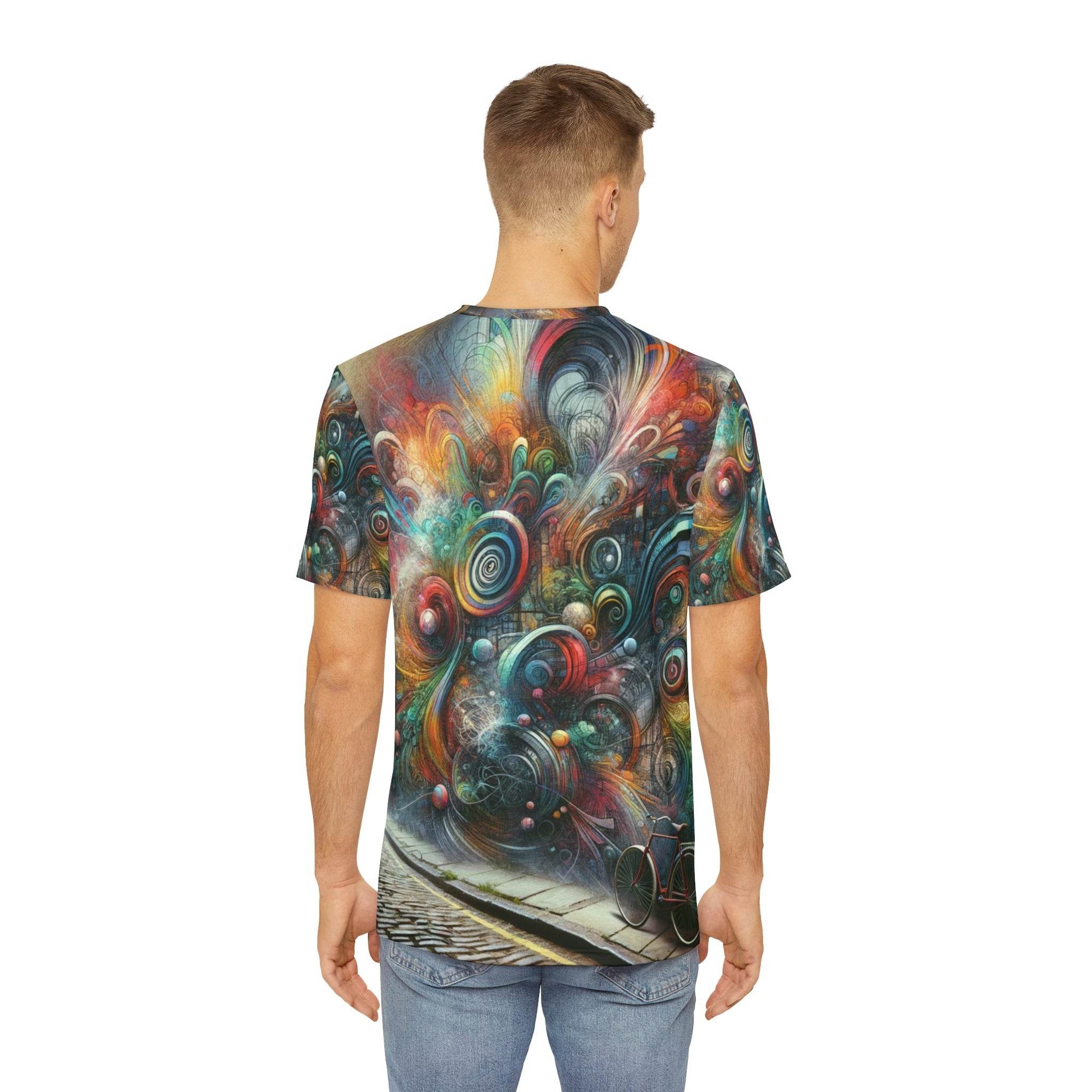 LuckeLadybug abstract street art tee with colorful swirling patterns on back worn by male model