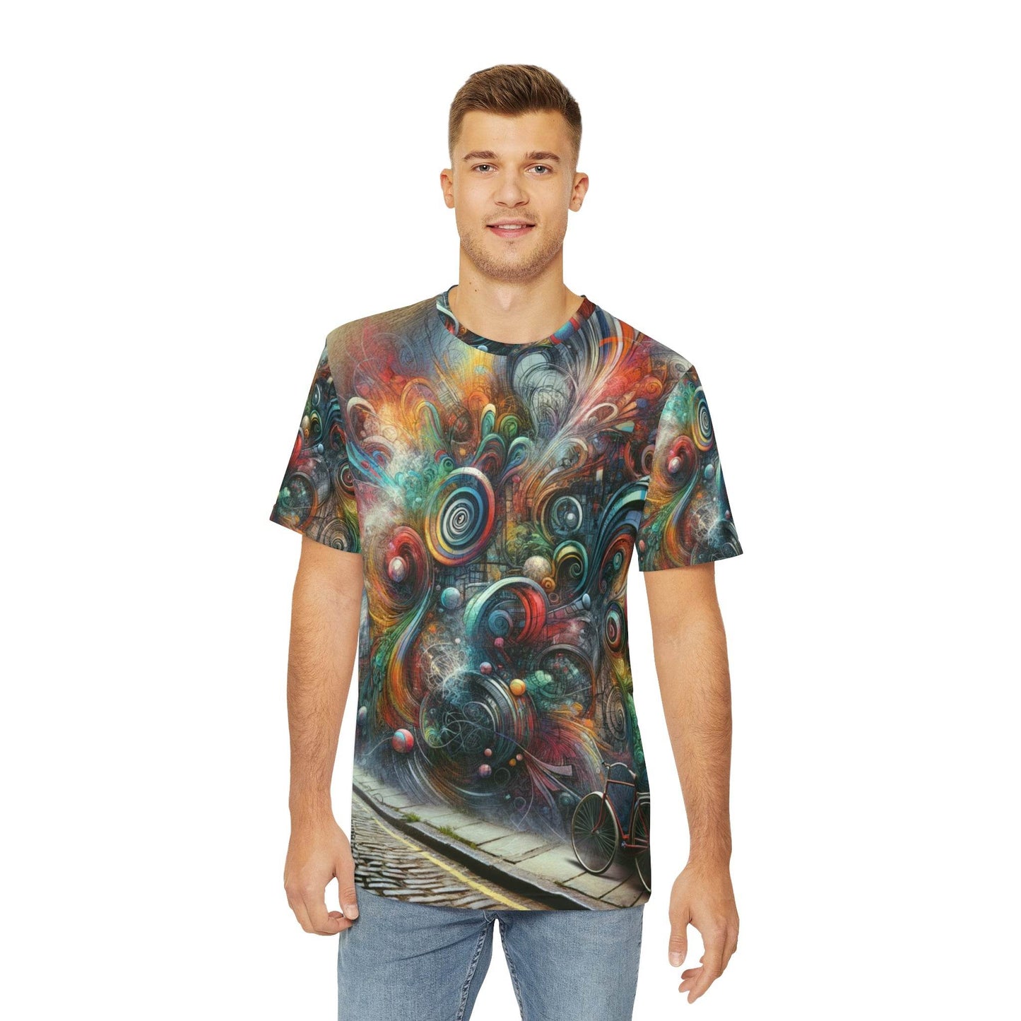 LuckeLadybug abstract street art tee featuring colorful swirling patterns and urban elements on a male model