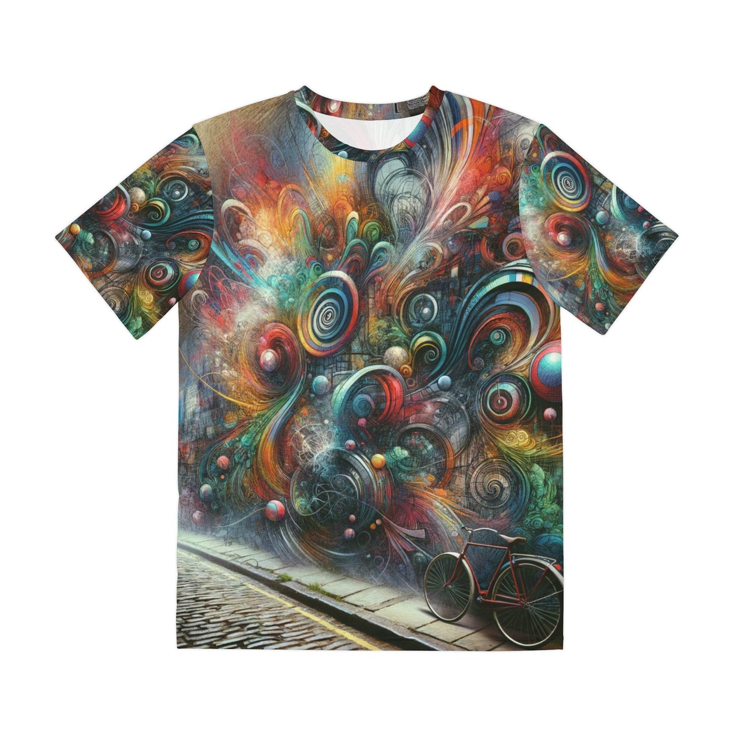 LuckeLadybug abstract street art tee featuring colorful swirling patterns and a bicycle on a cobblestone street