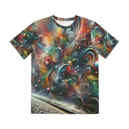 LuckeLadybug abstract street art tee featuring colorful swirling patterns and a bicycle on a cobblestone street