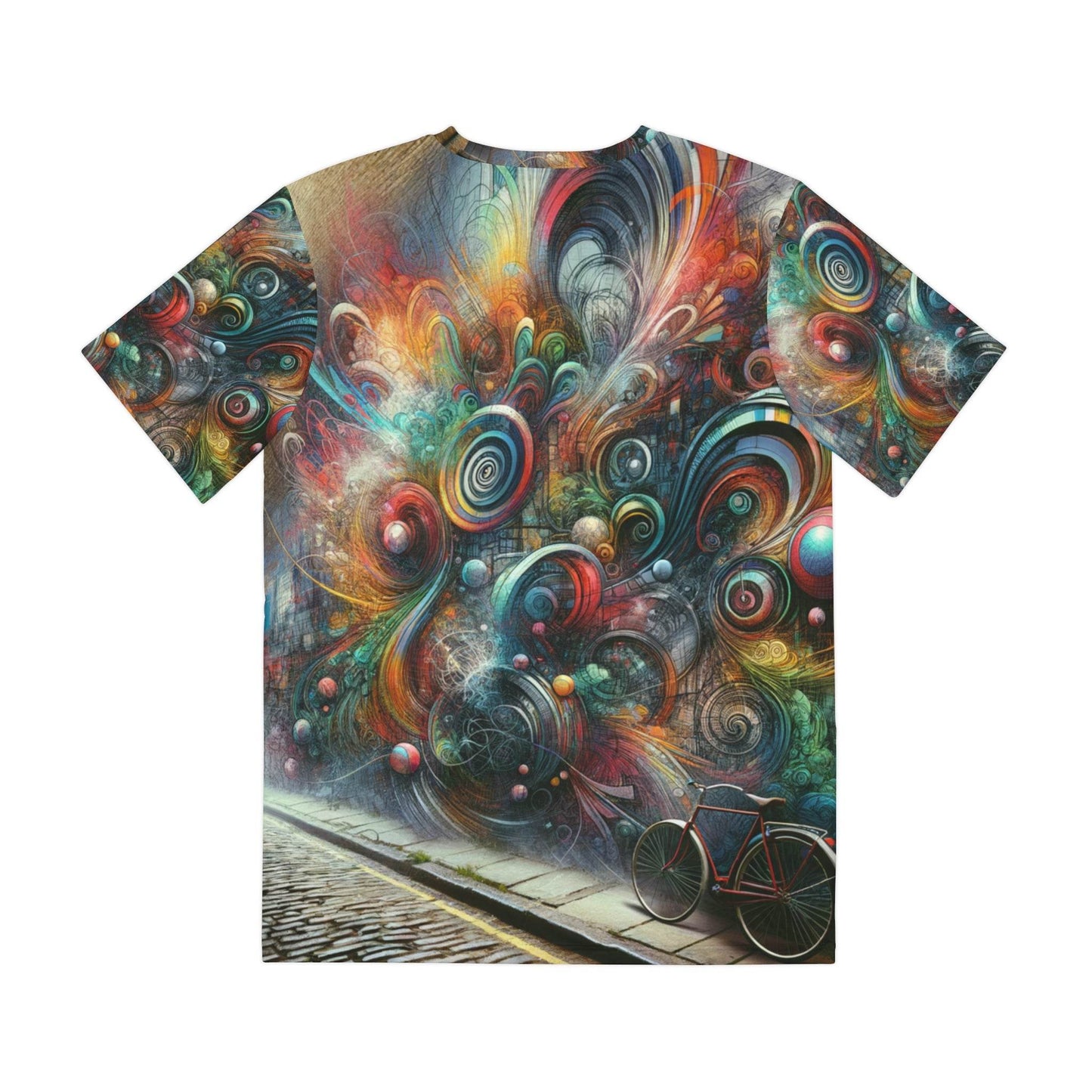 Abstract street art tee featuring colorful swirling patterns and a bicycle on a cobblestone street