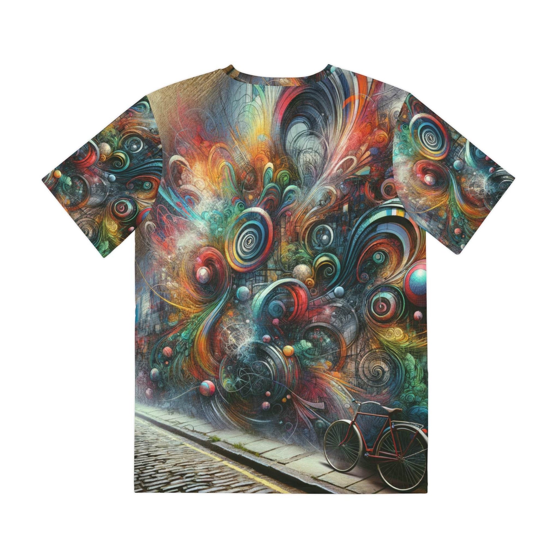 Abstract street art tee featuring colorful swirling patterns and a bicycle on a cobblestone street