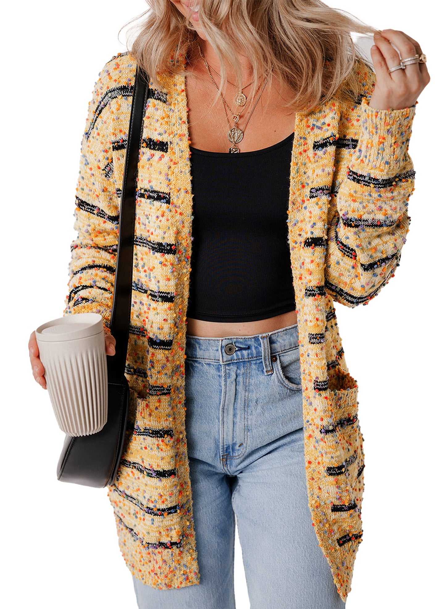 Beige Striped Knit Cardigan For Trendy Style