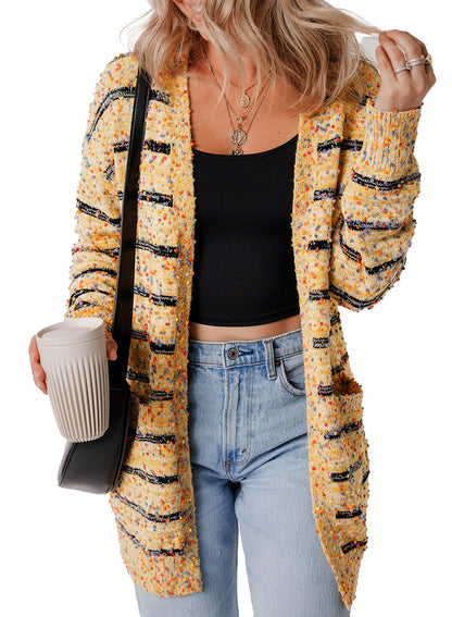 Beige Striped Knit Cardigan For Trendy Style