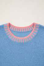 Sky Blue Contrast Trim Round Neck Sleeveless Sweater