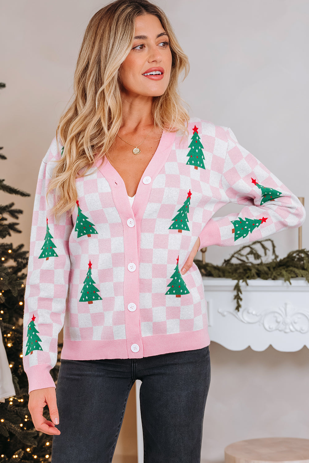 Pink Checkered Christmas Cardigan