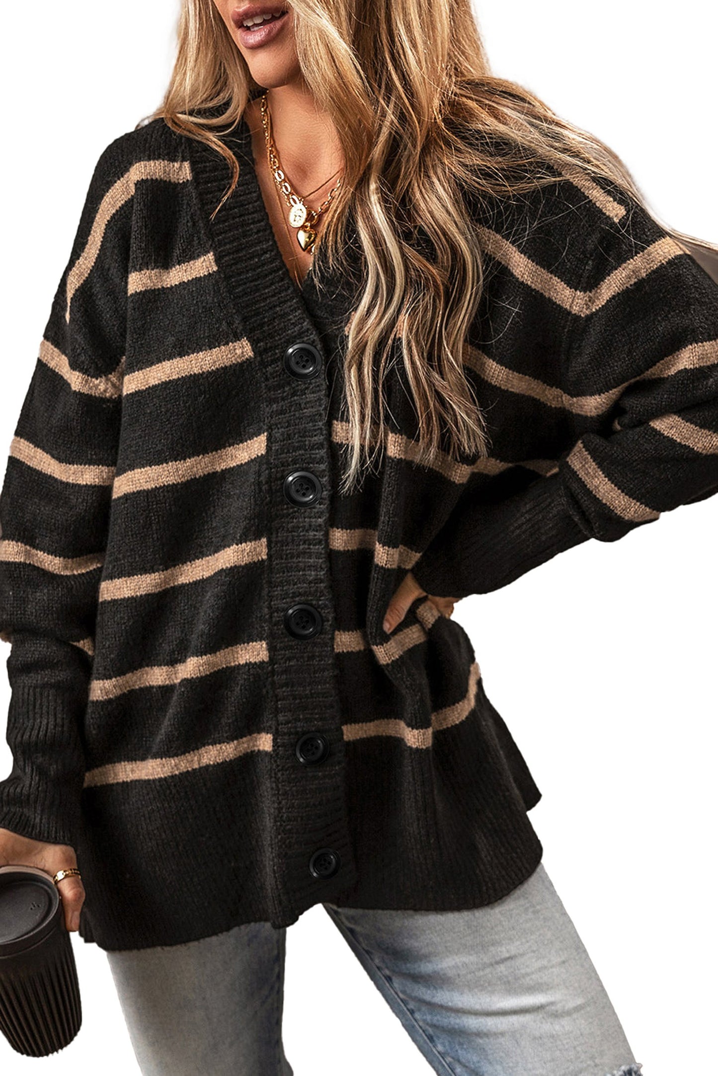 Black Stripe Buttoned Cardigan For Fashionistas