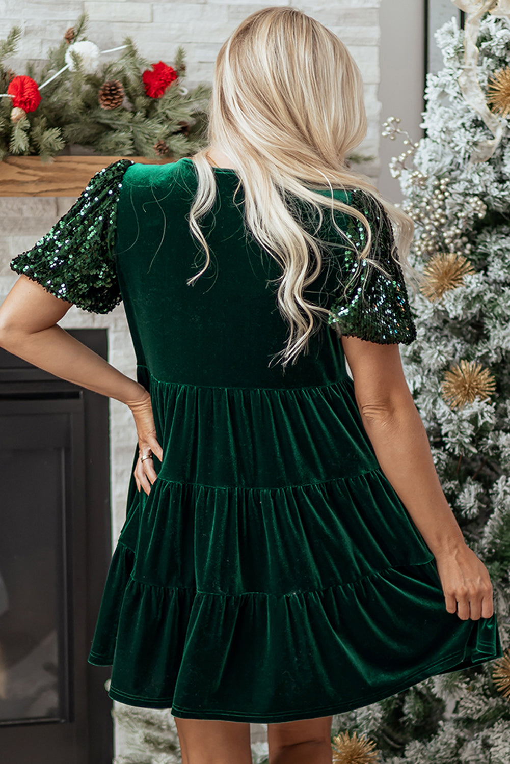 Emerald Green Velvet Mini Dress Puff Sleeves