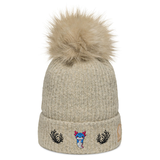LuckeLadybug beige pom pom beanie with adorable axolotl winter hat embroidery and faux fur pom