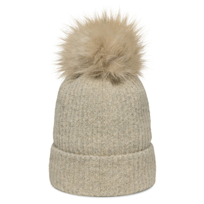 LuckeLadybug beige pom pom beanie featuring an adorable axolotl winter hat design for cold weather