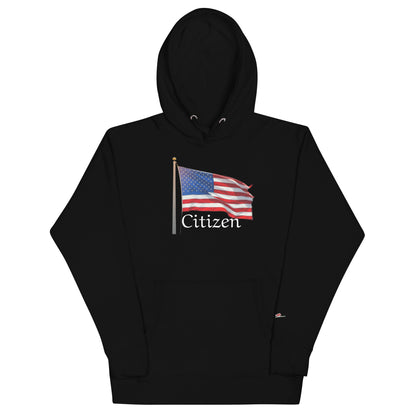 LuckeLadybug black hoodie with American flag and Citizen text patriotic sweatshirt for adults